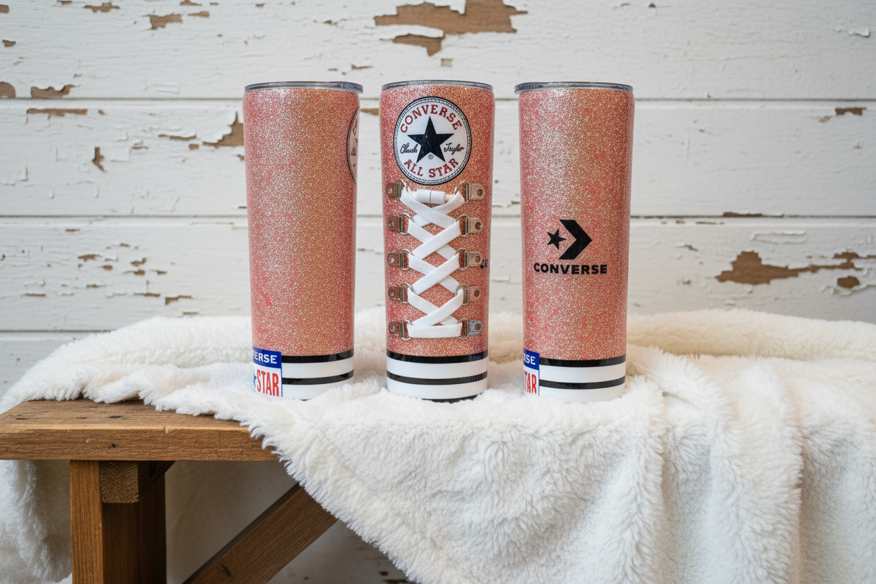 Pink Glitter High-Top Sneaker Inspired 20oz Tumbler | Lace Detail | Custom Converse Style Cup