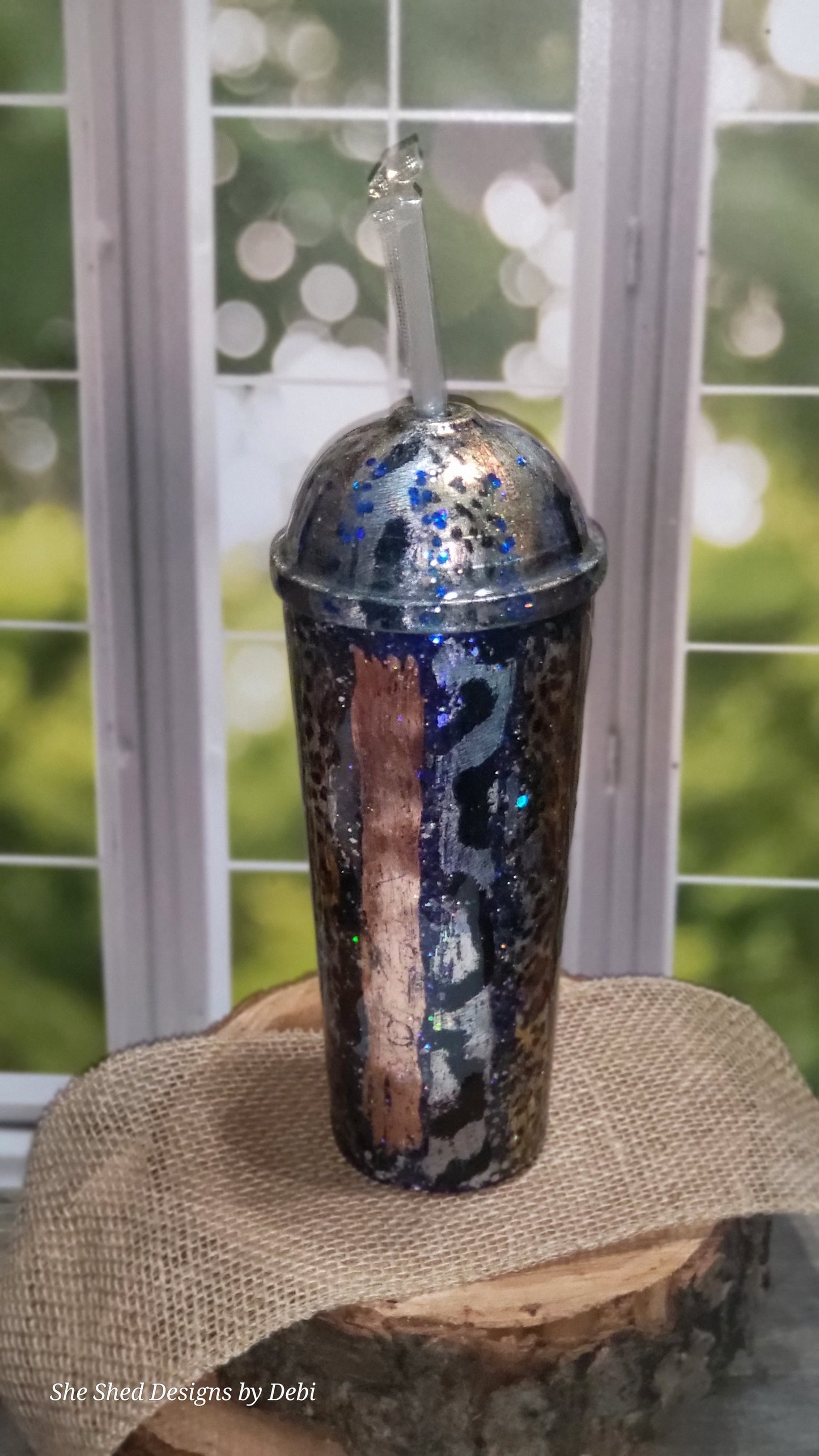 30 oz Dome Lid Stainless Steel Tumbler, Blue glitter, silver and gold foils in antique and a variety of animal prints.