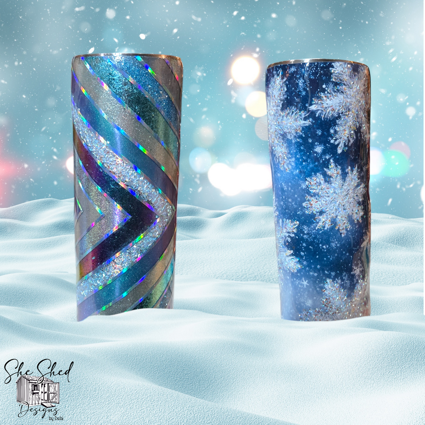 "Custom 20 oz Stainless Steel Tumbler – Holographic & Snowflake Design"