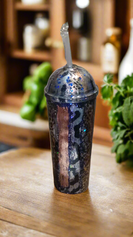 30 oz Dome Lid Stainless Steel Tumbler, Blue glitter, silver and gold foils in antique and a variety of animal prints.