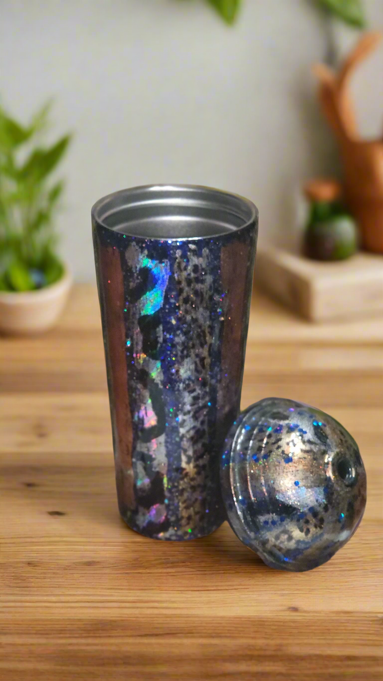 30 oz Dome Lid Stainless Steel Tumbler, Blue glitter, silver and gold foils in antique and a variety of animal prints.