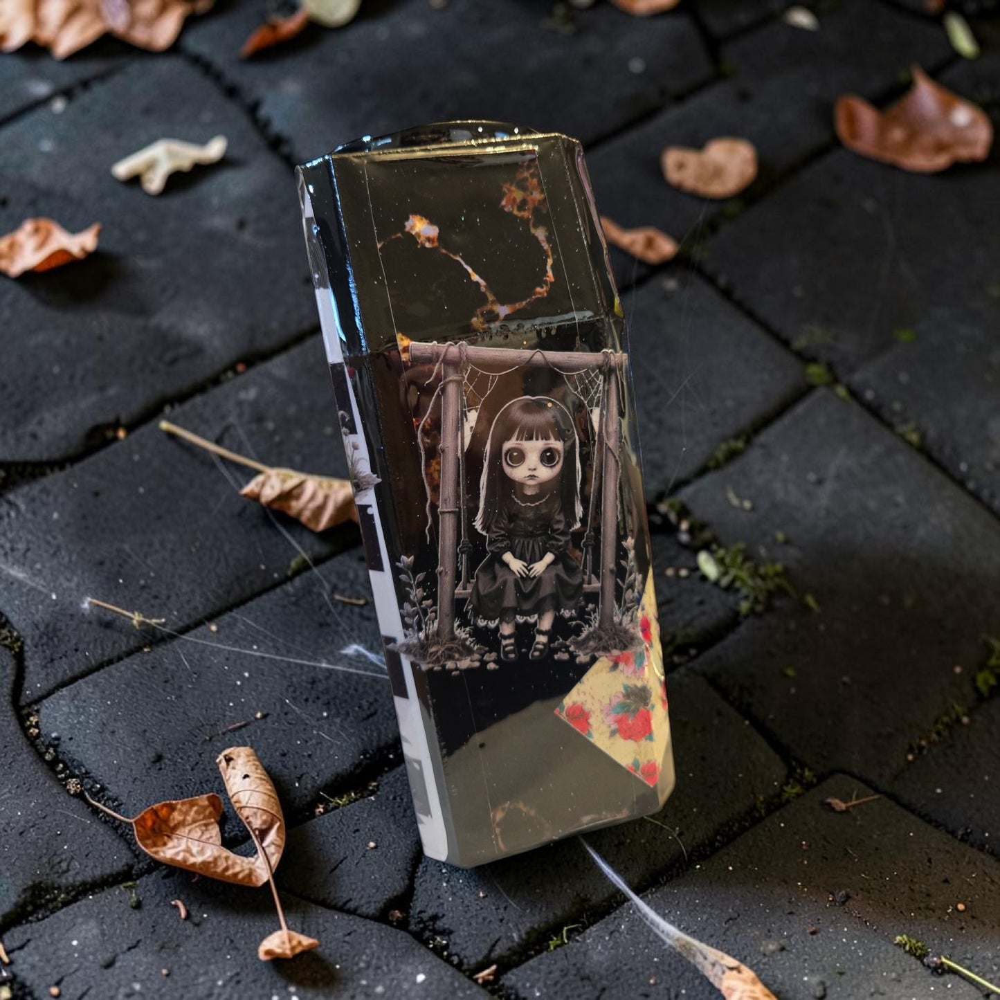 Creepy Black-eyed Dollies on 3D Coffin Tumbler