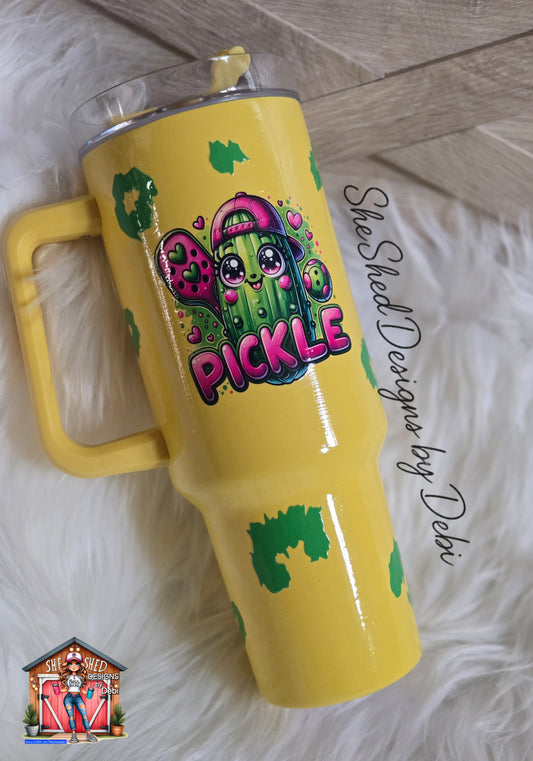 “Pickle Ballin’ 40oz Tumbler – Cute Kawaii Pickle Cup | 2-Sided Design | CrystaLac Finish”