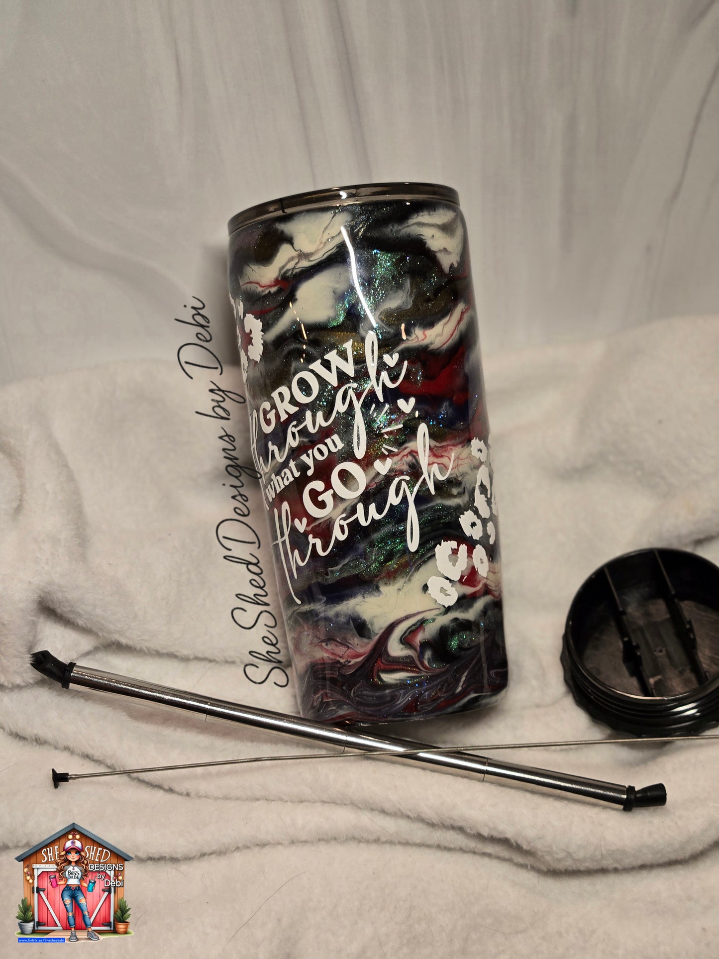 20oz Grow Through What You Go Through Stainless Steel Strawbler Ink-swirl Tumbler