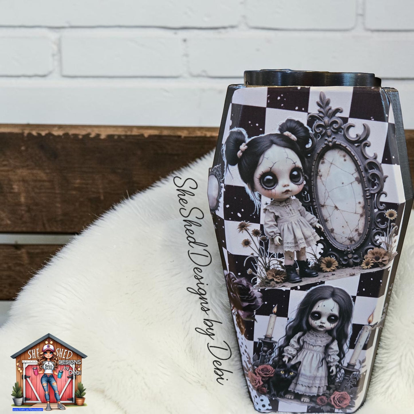 Creepy Black-eyed Dollies on 3D Coffin Tumbler