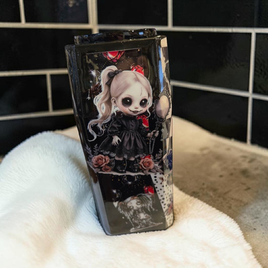 Creepy Black-eyed Dollies on 3D Coffin Tumbler