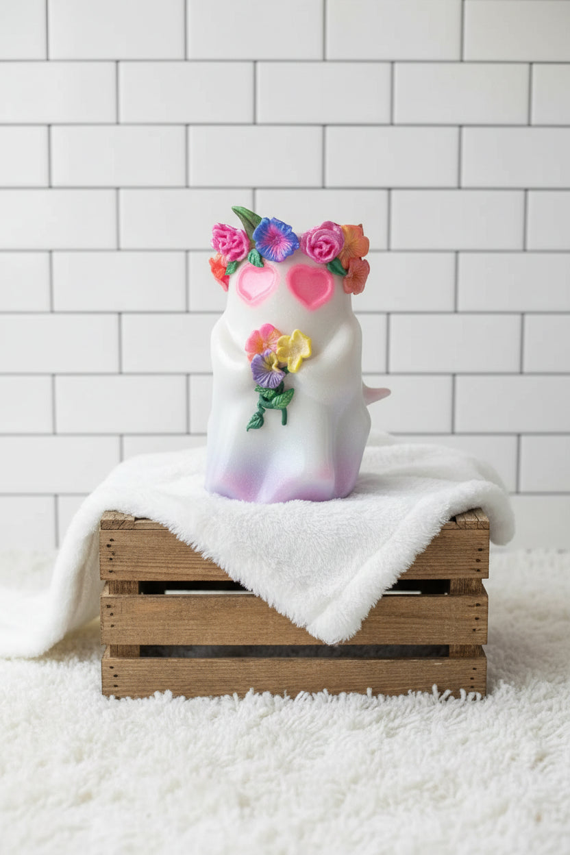 20oz Floral Friendly Ghost Tumbler – 3D Hand-Sculpted Polymer Clay | Cute Cottagecore Halloween Cup