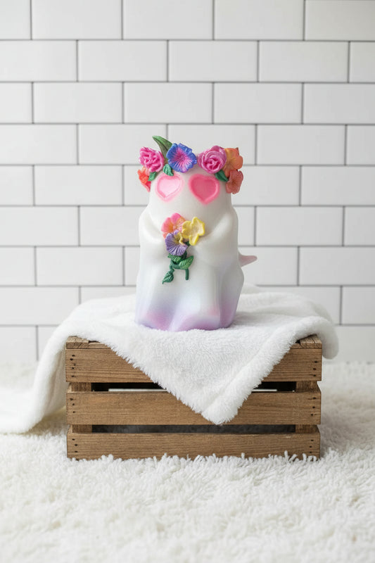 20oz Floral Friendly Ghost Tumbler – 3D Hand-Sculpted Polymer Clay | Cute Cottagecore Halloween Cup