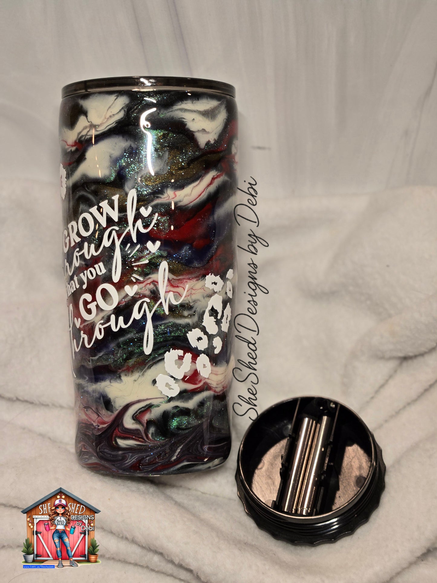 20oz Grow Through What You Go Through Stainless Steel Strawbler Ink-swirl Tumbler