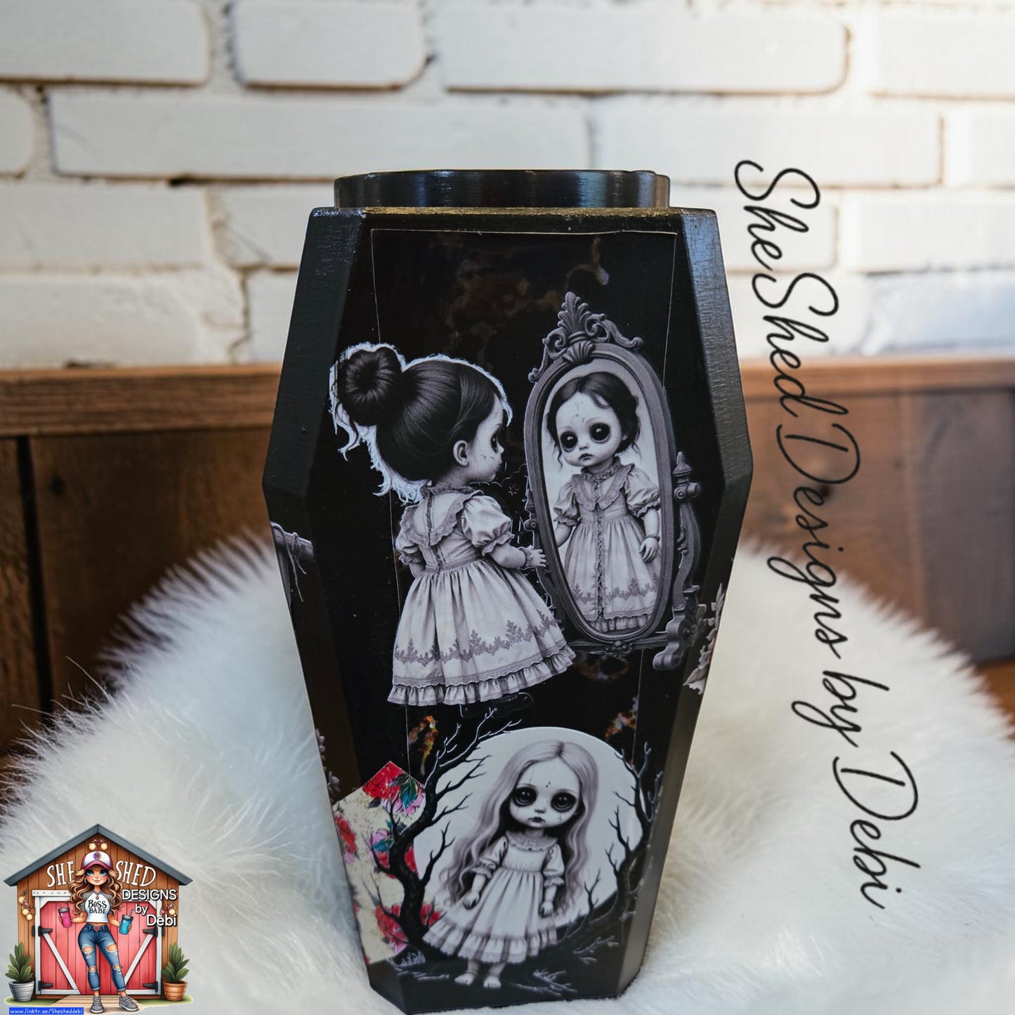 Creepy Black-eyed Dollies on 3D Coffin Tumbler