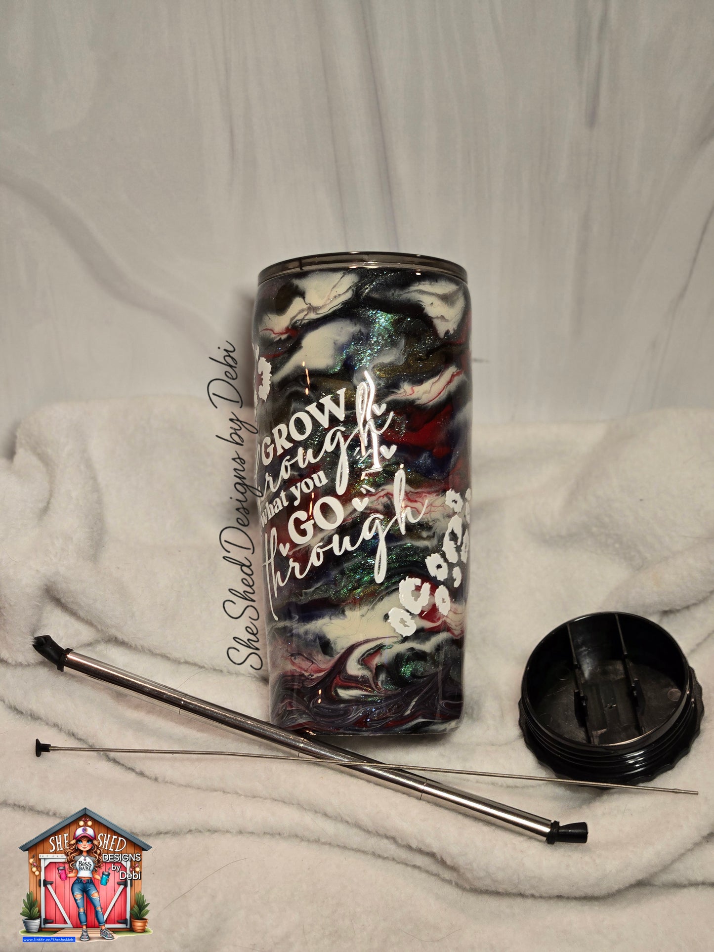 20oz Grow Through What You Go Through Stainless Steel Strawbler Ink-swirl Tumbler