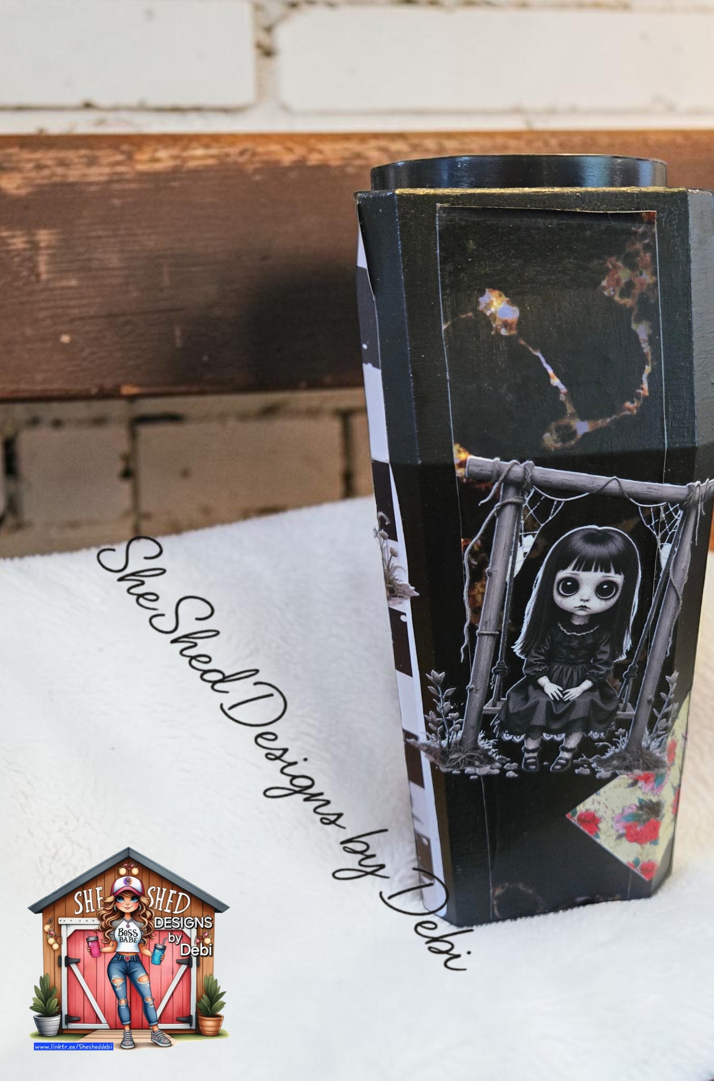 Creepy Black-eyed Dollies on 3D Coffin Tumbler