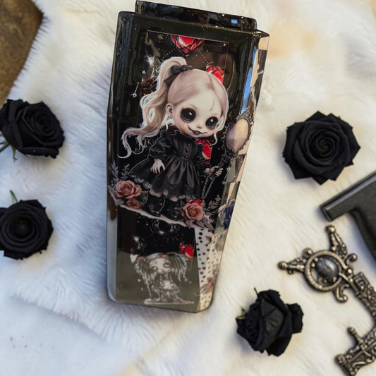 Creepy Black-eyed Dollies on 3D Coffin Tumbler