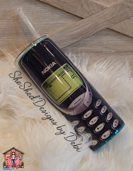 20oz “Back to the 90s” Glitter Tumbler – Retro Tech Nostalgia Cup with Classic Nokia Phone Design