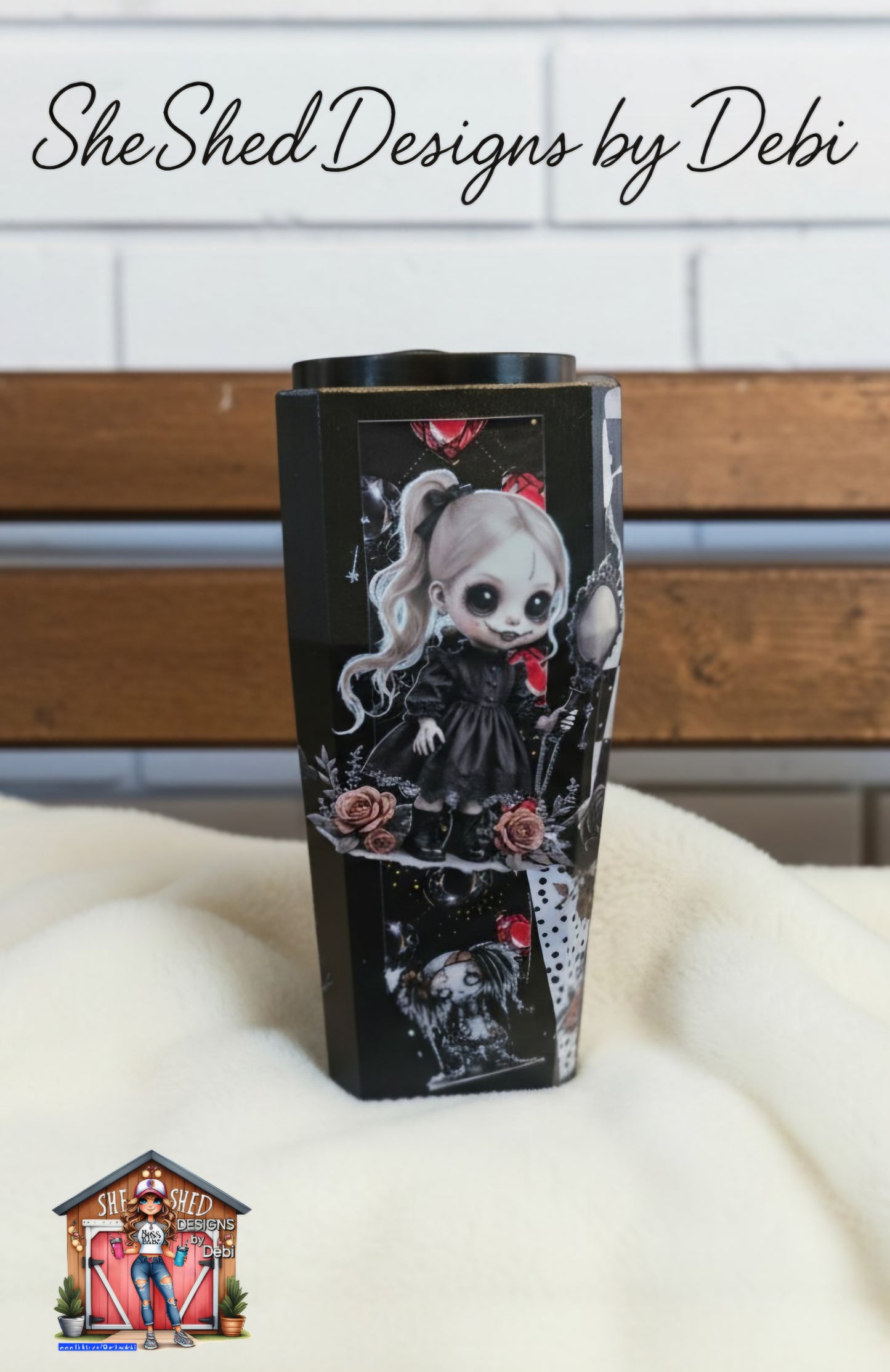 3D Creepy Dolls 20oz Tumbler in Coffin | Gothic Horror Skinny Tumbler with Lid